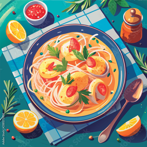 Colorful noodle soup dish with egg.