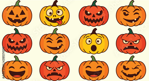 Set of cute and spooky Halloween pumpkin faces with various funny and scary expressions