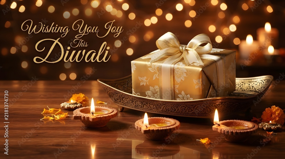 Obraz premium Elegant diwali greeting card featuring a wrapped gift box surrounded by glowing traditional oil lamps on a wooden table