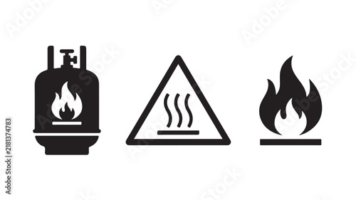 Flammable gas and hot surface warning hazard icons set vector illustration