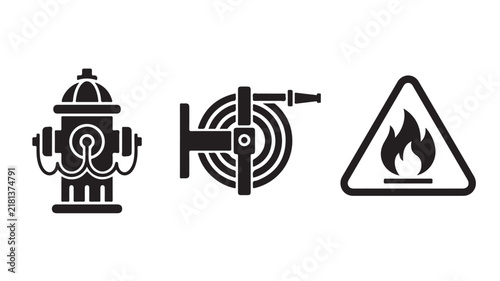 Fire safety icons set with hydrant, hose reel, and warning sign symbol