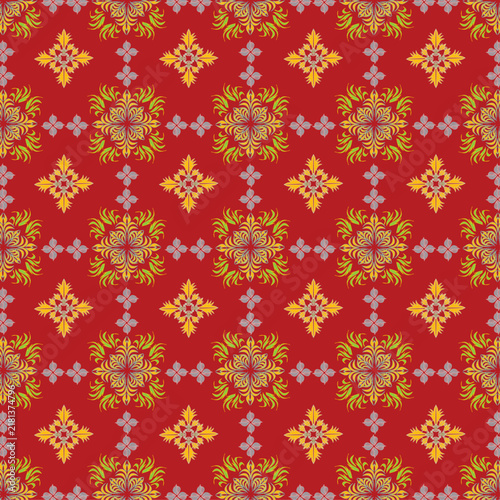 seamless floral pattern, yellow floral on red background 