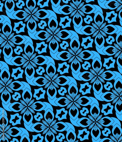 Blue and black seamless floral pattern with intricate ornamental motifs, ideal for textile, wallpaper and decorative designs