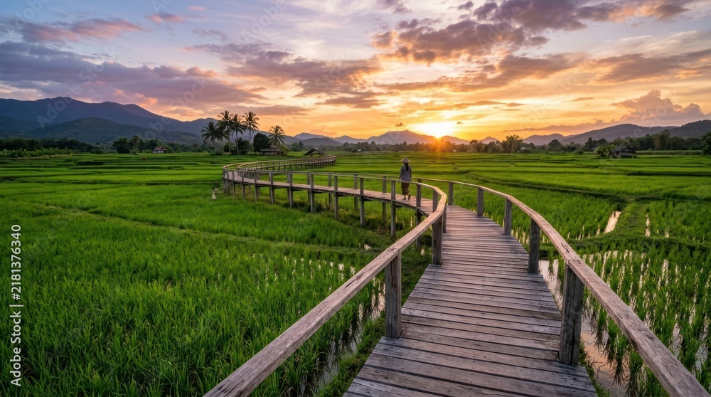 Obraz premium long wooden boardwalk stretching through green rice fields at sunset