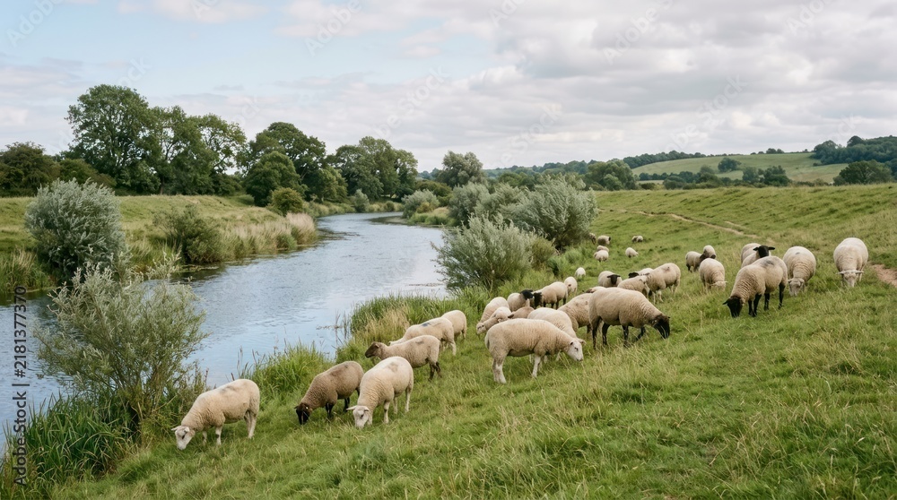 Fototapeta premium peaceful group of sheep grazing along calm natural river bank