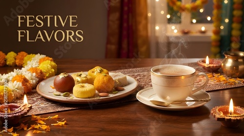 Traditional indian sweets and a cup of hot tea served during the diwali festival celebration at home