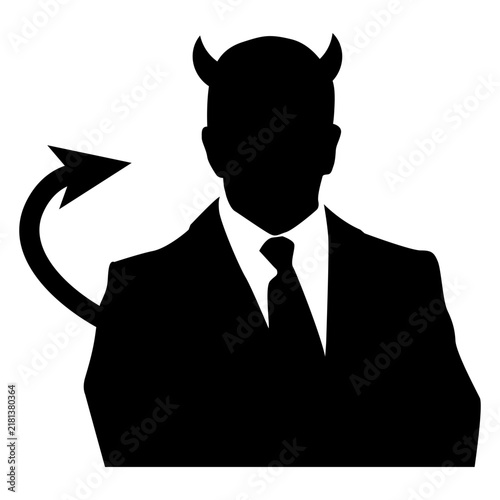 Logo diablo con traje de empresario. Icono de la silueta de un hombre de negocios con cuernos y cola de demonio 