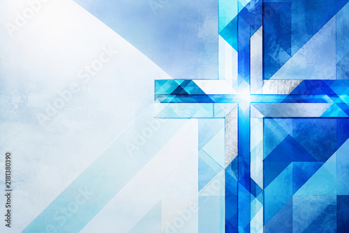 Modern blue Christian cross constructed from transparent geometric crystal shapes on a clean abstract background.
