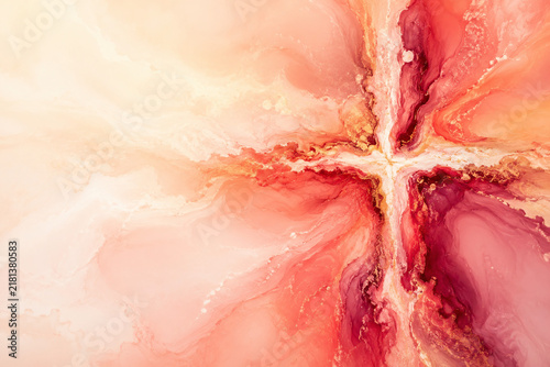 Glowing Christian cross emerging from flowing red and coral watercolor textures in a vibrant abstract composition.