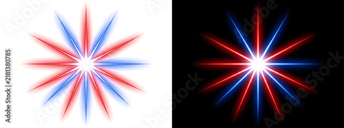 Fotografie Red and blue neon star burst radiates glowing petal shaped rays from a bright ce