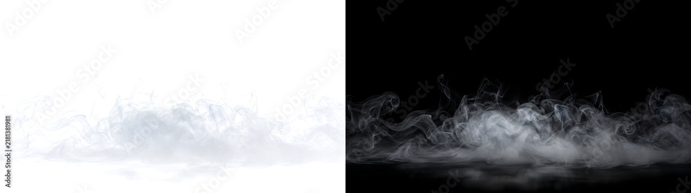 Obraz premium White smoke fog drifts along the ground in swirling wispy clouds on black, suited for atmospheric effects in PNG, Transparent and Black Background Versions