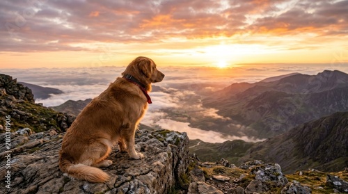 loyal dog watching golden sunrise from mountain peak above valley