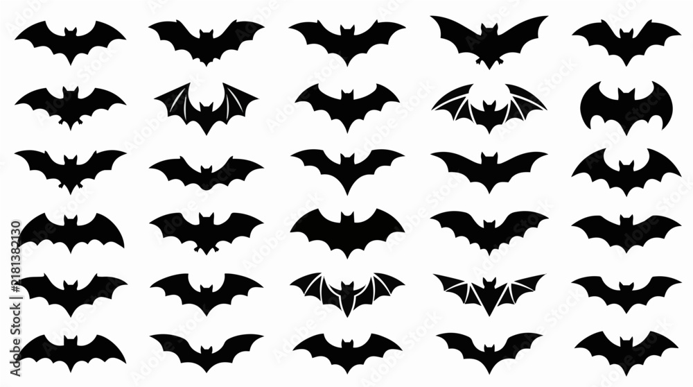 Fototapeta premium Set of black bat silhouettes in various flying poses for Halloween designs