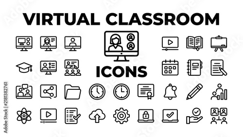 Virtual Classroom Icons Set: A comprehensive collection of outline icons representing various aspects of online learning, education, and virtual communication.