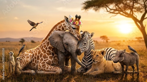 Adorable giraffe with animal friends.