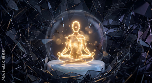 Glowing meditation figure in glass bubble, spiritual energy silhouette in lotus pose, zen mindfulness concept on dark shattered background