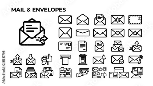 Bild auf Leinwand Mail and Envelopes Icons: A comprehensive collection of line art icons representing various aspects of mail and envelopes, including letters, post boxes, and postage symbols
