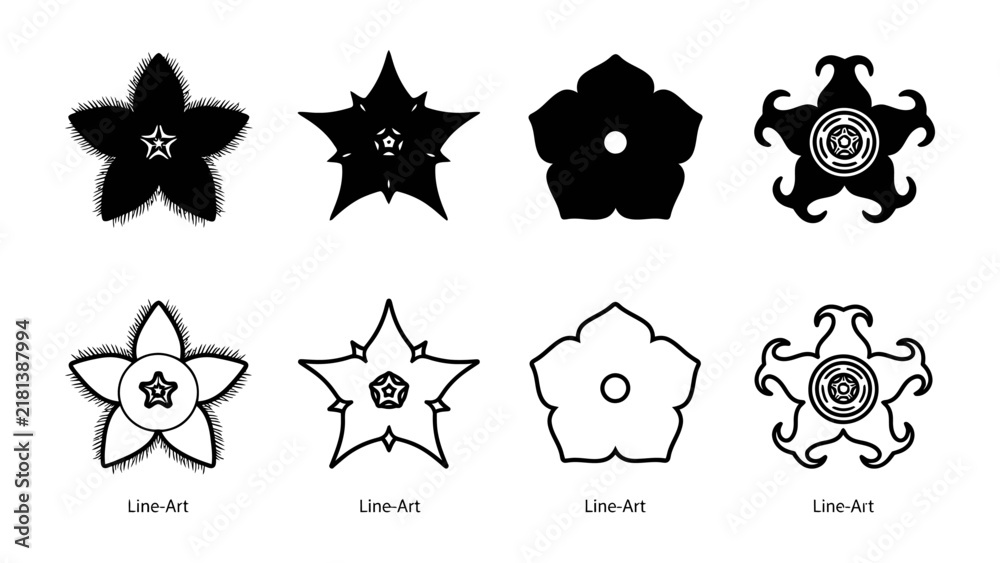 Fototapeta premium Floral Emblems: A collection of stylized floral emblems, presented in both solid black and line art variations, showcasing intricate petal designs and central motifs.