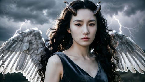 A mystical young woman with dark horns and large white angel wings standing against a stormy sky