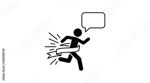 Stick figure runner crossing finish line with speech bubble.