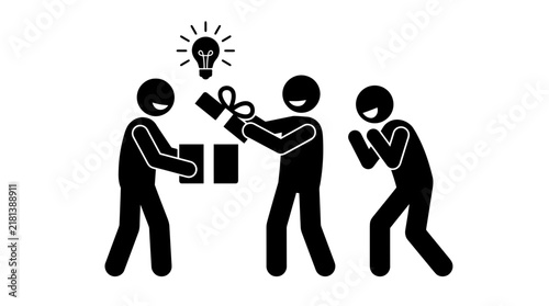 Stick figures exchanging gift box with lightbulb idea.