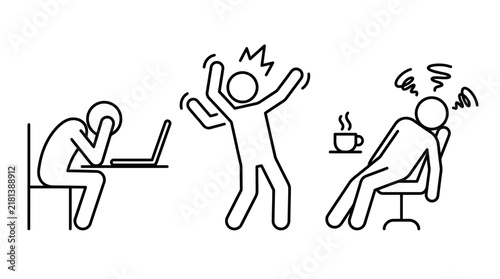 Stick figures expressing workplace burnout stress and exhaustion.