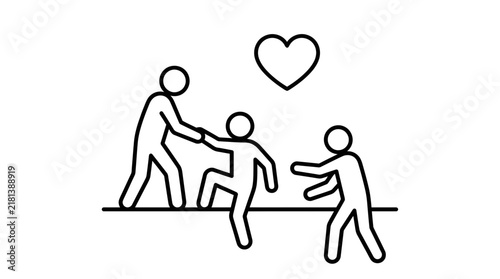 Stick figures helping someone up with heart symbol.