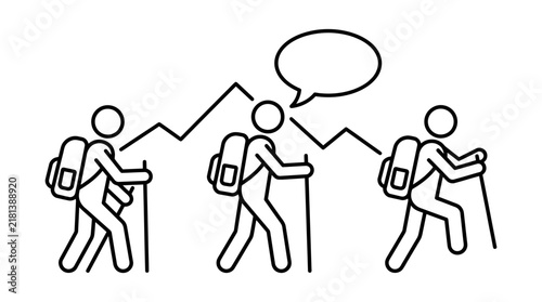Stick figures hiking in mountains with gear.