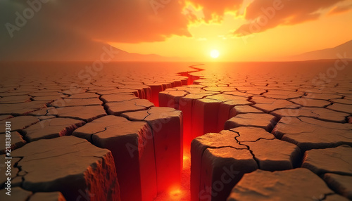 Plakat w ramie Cracked Dry Earth Landscape at Sunset