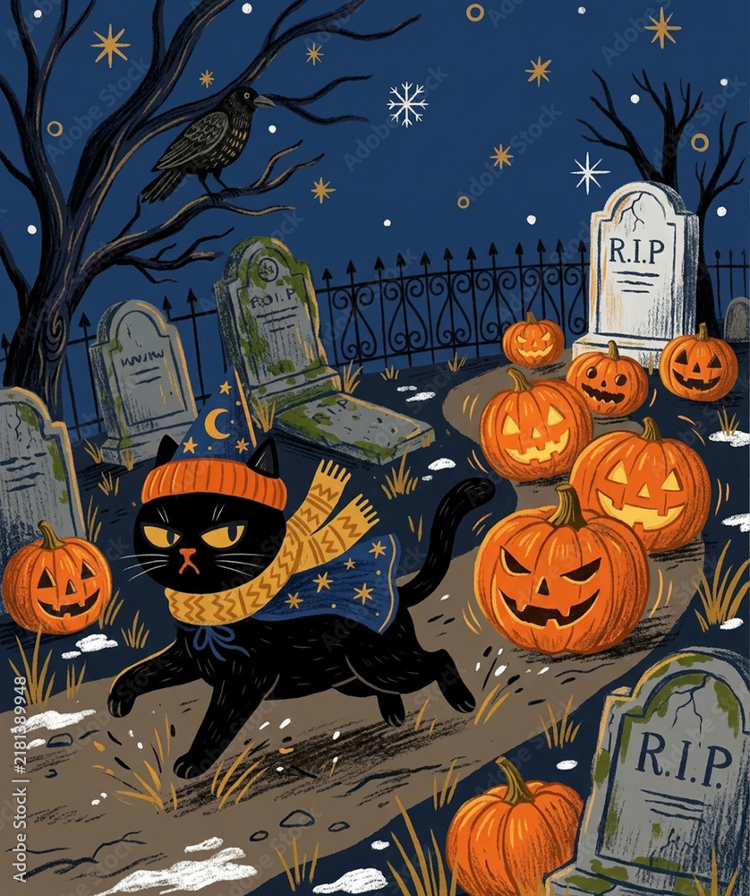 Obraz premium Black Cat Walking in Spooky Graveyard with Pumpkins Halloween Illustration