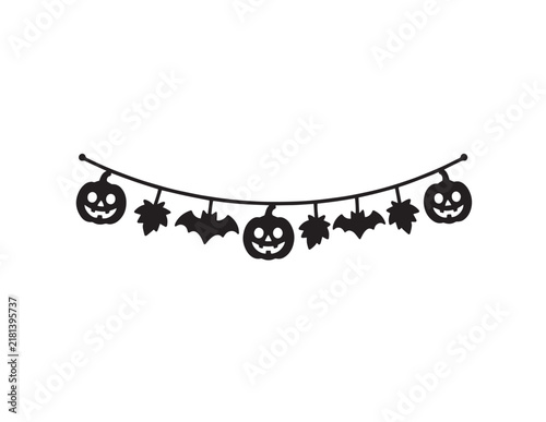 Halloween festive bunting garland with pumpkins, bats and autumn leaves silhouette icon art