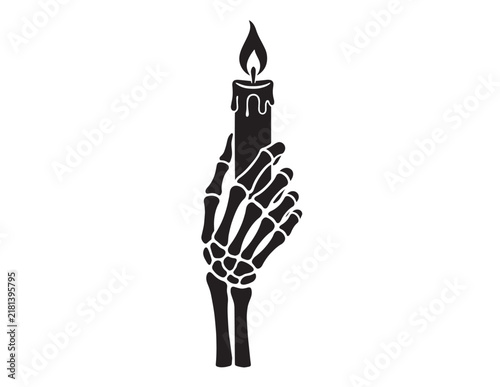 Spooky skeleton hand holding a burning candle silhouette for dark gothic halloween concept