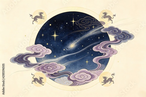 Starry Night Stars Purple Blue Clouds Four Mythical Beasts Beige