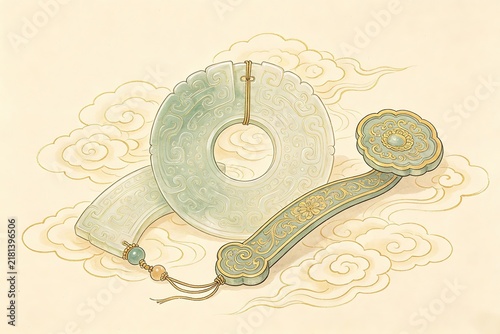 Jade Disc Jade Ruyi Scepter Stylized Clouds Beige Line Art