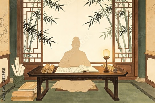 Scholar Reading Desk Lamp Scrolls Bamboo Window Fine Line Art