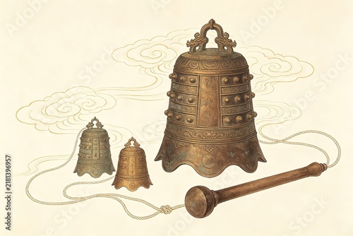 Three Bronze Bells Wooden Striker Rope Stylized Clouds Beige