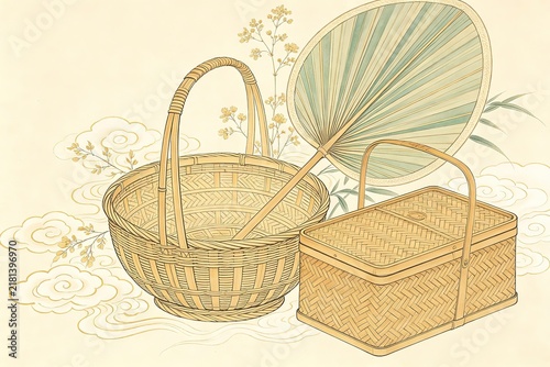 Woven Baskets Woven Fan Flowers Leaves Stylized Clouds Beige