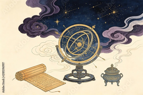 Golden Armillary Sphere Night Sky Stars Purple Clouds Scroll