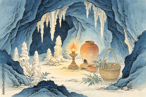 Mystical Blue Cave Stalactites Oil Lamp Clay Pot Herbs