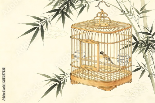 Wooden Birdcage Small Bird Bamboo Leaves Stylized Clouds Beige