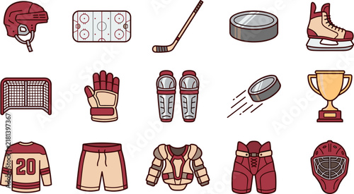 Canvas Print Set of ice hockey equipment icons including helmet, stick, puck, skates, jersey,