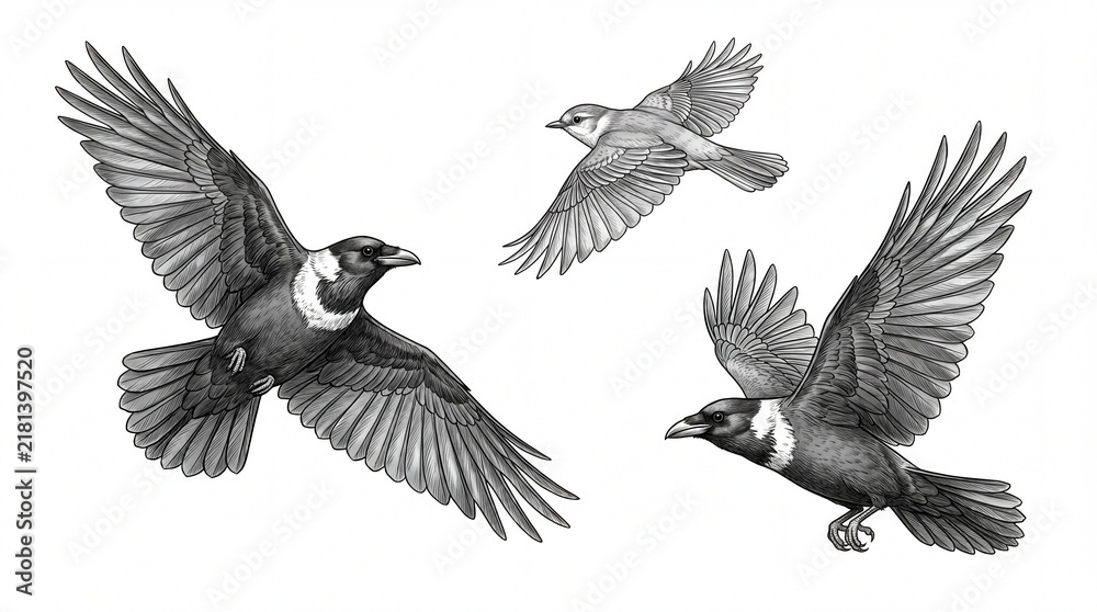 Obraz premium Detailed black and white pencil drawing of three birds in flight, featuring crows and a small songbird with spread wings, isolated on a white background for nature and wildlife design projects.