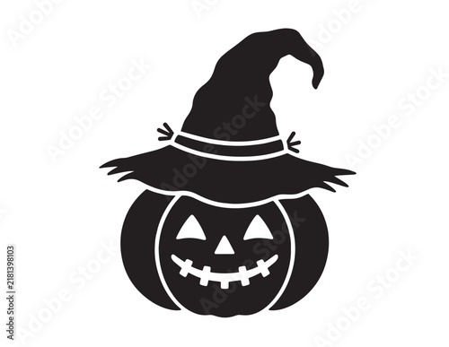 Spooky jack-o-lantern pumpkin wearing a witch hat silhouette vector icon for Halloween design