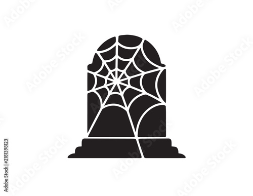 Creepy tombstone with spider web silhouette icon for haunted graveyard Halloween decorations