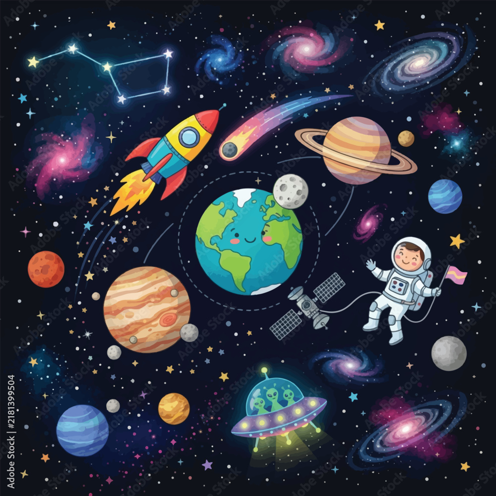 Naklejka premium Colorful space illustration featuring planets astronauts rockets and alien ship