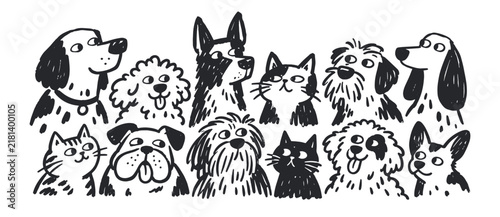 Dog and Cat Faces Hand Drawn Doodle Set