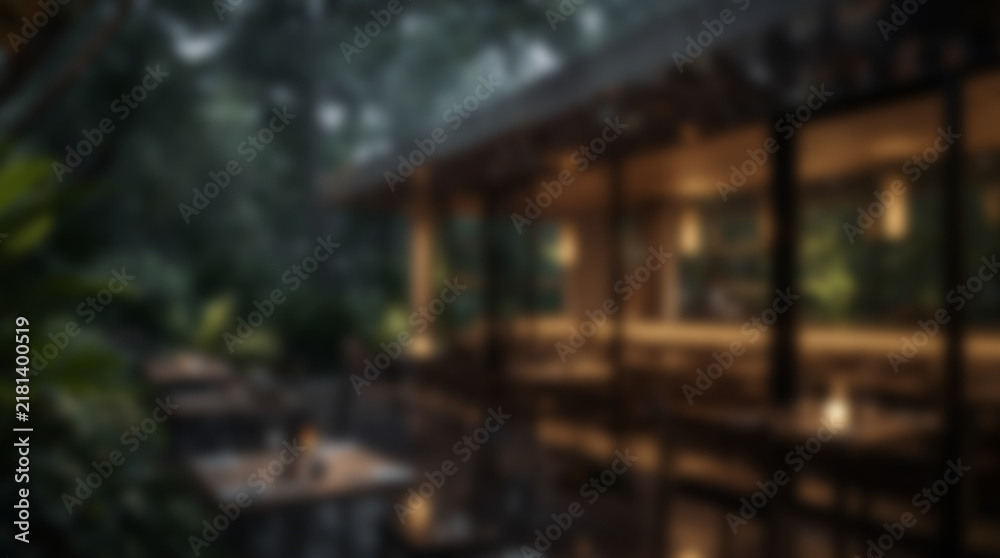 Fototapeta premium Blurred Cozy Outdoor Restaurant Terrace at Twilight in Lush Nature.