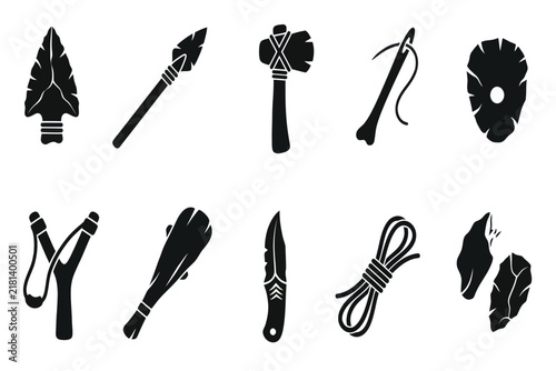 Set of primitive paleolithic tools and stone age weapons vector icons isolated on white background
