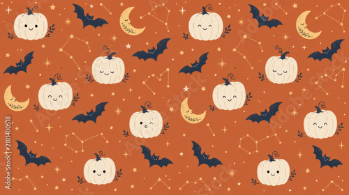 Seamless Cute Terracotta Halloween Pattern with White Pumpkins, Dark Bats, Crescent Moons, and Constellations on Warm Orange Background