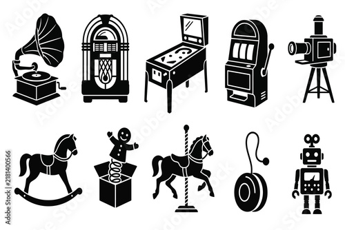 Set of vintage arcade games and classic retro toys vector icons isolated on white background